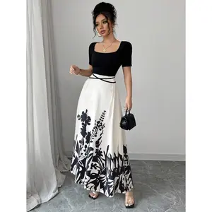 Women's Elegant Fitted Waisted Qipao Dress With Short Sleeve, Square Neck, Waist Tie Design, Novelty Chinese-Style Floral Print