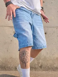 Men's Denim Shorts, Loose Straight Fit, Street Style, Washed Light Blue, Summer Five-Pocket Jeans, Knee-Length, Non-Elastic, Fashion Urban Wear, Streetwear Influence, Casual Wear