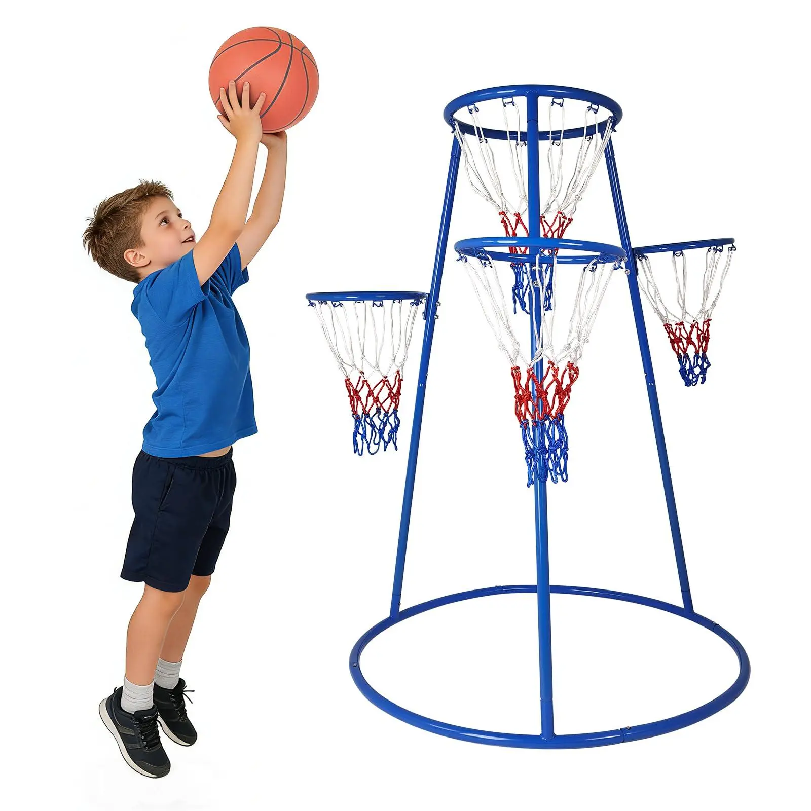 GAOMON 4-Hoop Basketball Toy Set for Toddlers - Adjustable Height Round Hoop, Indoor-Outdoor Sports Game, Includes 4 Balls & Air Pump, Preschool Active Play Gift for Ages 3-6, Four Balls
