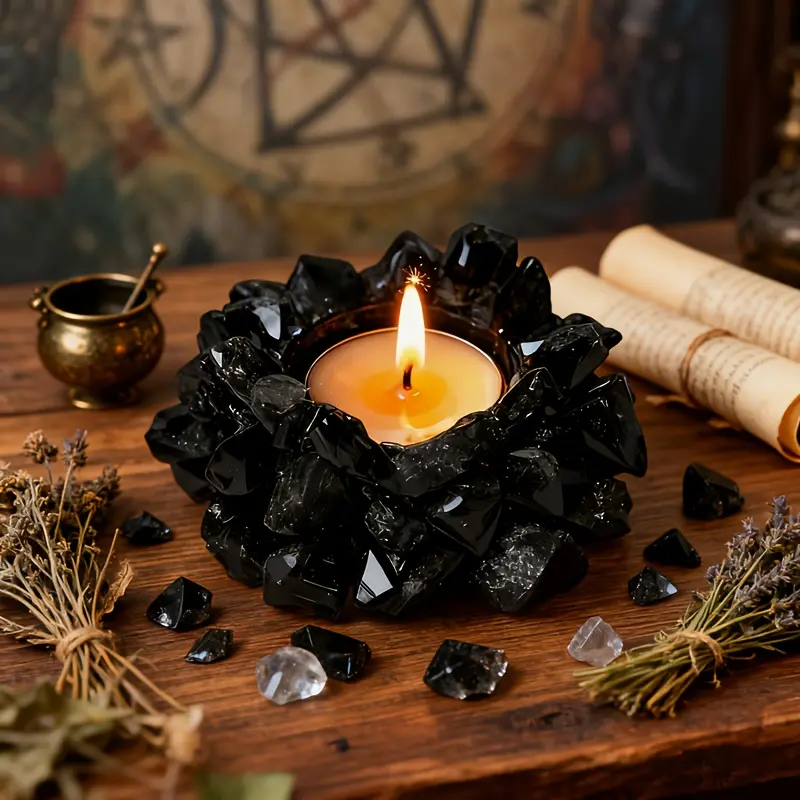 natural tumbled obsidian lotus tealight candle holder, obsidian crystal candelabra desktop ornament, spiritual healing altar decor souvenir gift for halloween christmas valentine's day home table decor