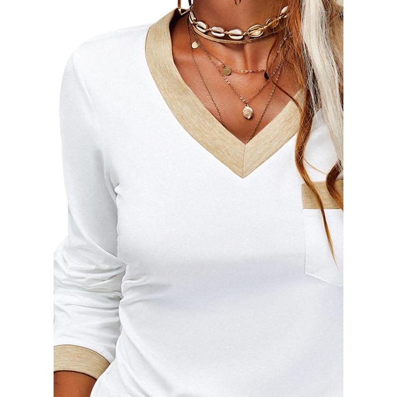 Danedvi Womens V Neck Long Sleeve Tops Color Block Basic Casual Tunic Shirts with Pockets, White, XX-Large Pleated Blouse Womenswear