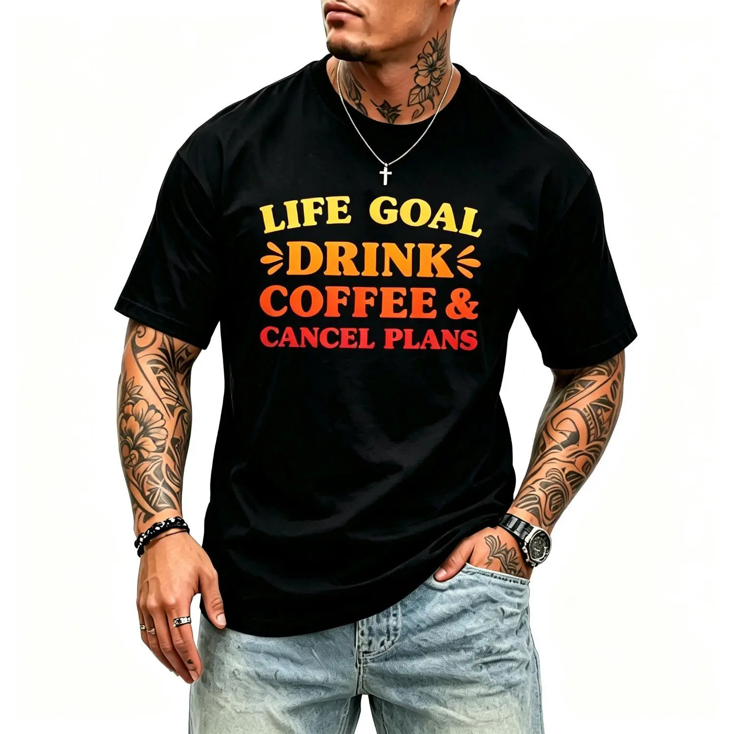 Life Goal Cotton T-shirt Celebrate Coffee and Avoid Commitments Humorous Coffee T-shirt