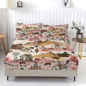 Western cowboy print fitted sheet and pillowcase set. A retro-themed bedroom bedding set, thoughtfully chosen for various occasions, including holidays and birthdays, Bedsheet Sets