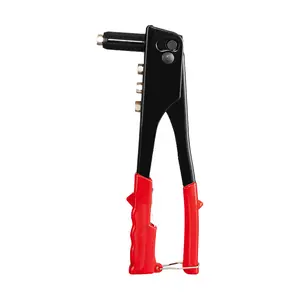Black and red one-handed rotary rivet tool for metal, fabric, leather, and automotive repair. Handheld rivet gun that installs 1/8", 3/16", and 5/16" rivets.