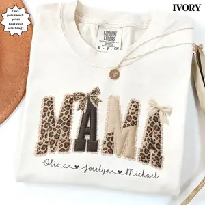 (Print) Comfort Colors Custom Mama Tshirt, Personalized Name Patchwork Tee, Faux Embroidery Leopard Coquette Mom Shirt, Mothers Day Gift, Apparel Made In The USA		