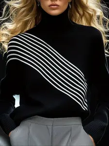Women's High Neck Sweater, Striped Pullover, Elegant Long Sleeve Knit Top Fitted, Modern Casual Winter Knitwear Womenswear Knitted Top