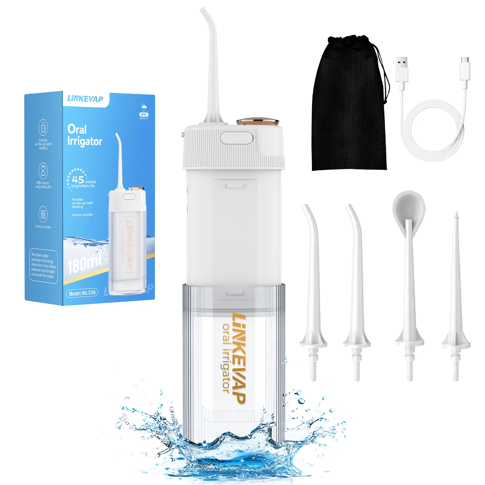 LINKEVAP Mini Water Flosser & Rechargeable Oral Irrigator with 180ml Removable Tank & 5 Nozzles for Home Travel Teeth Cleaning Fight Bacteria Great for Braces,Summervibes