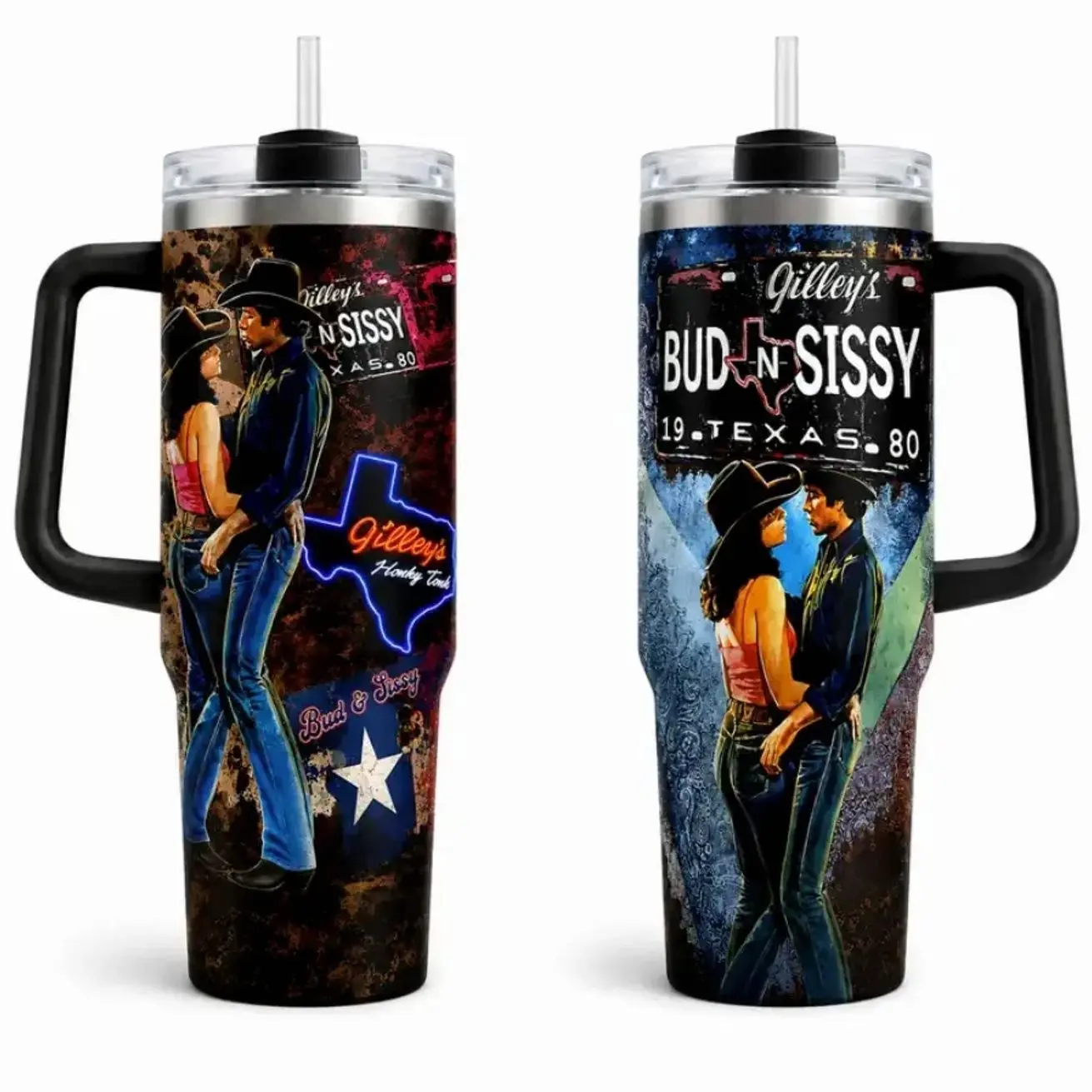 Urban Cowboy Gilley's Bud & Sissy Tumbler 30oz 40oz, Texass Honky Tonk Western Movie Fan Cup with Handle, Cowboy Couple Gift, Straw Not Included