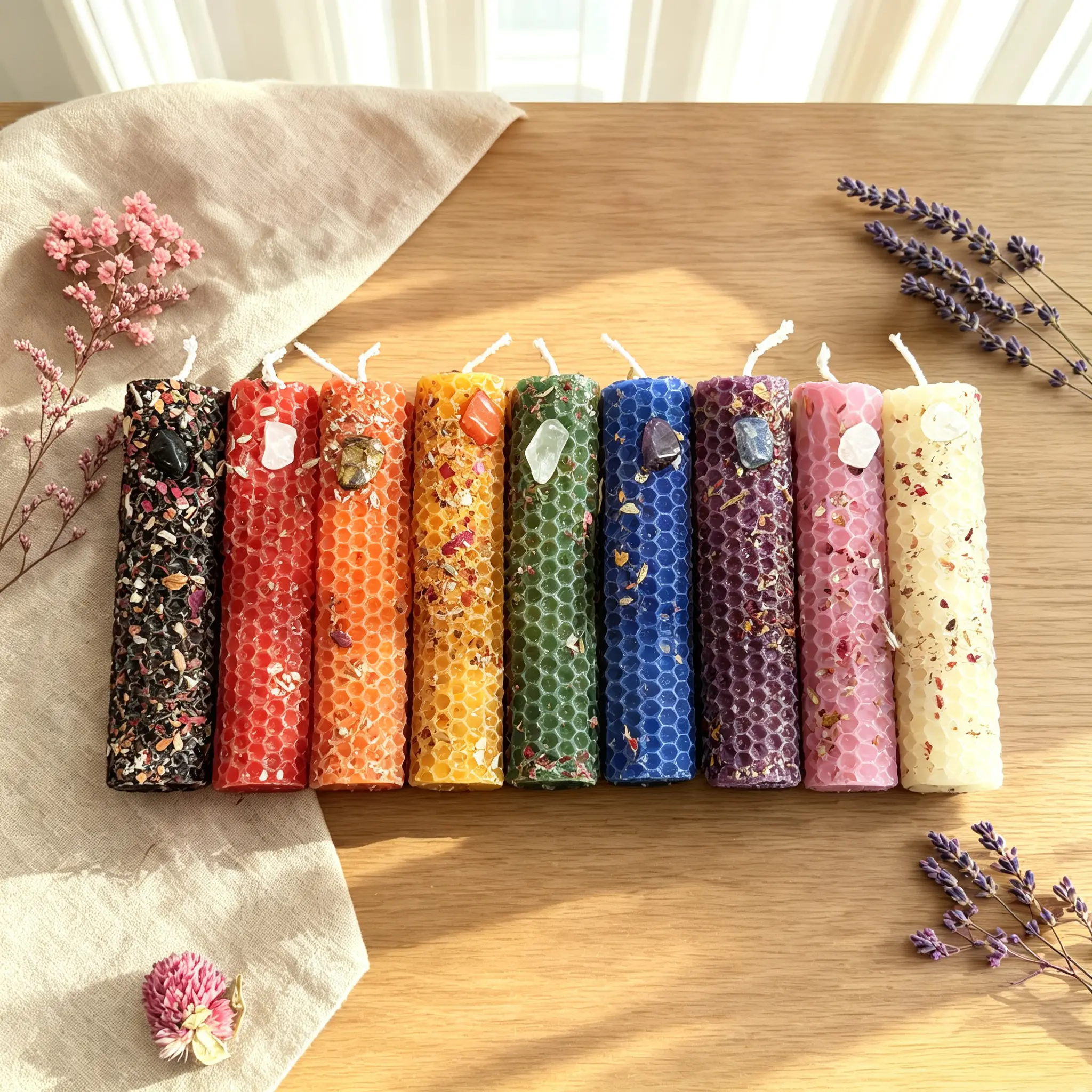 Multi-Colored Crystal Chip & Dried Botanical Herb Embedded Ritual Spell Taper Candles - Exquisitely Crafted, Serene Vibe, Ideal for Meditation, Altar Ceremonies, Holiday Gifting (Home Decor Candles)