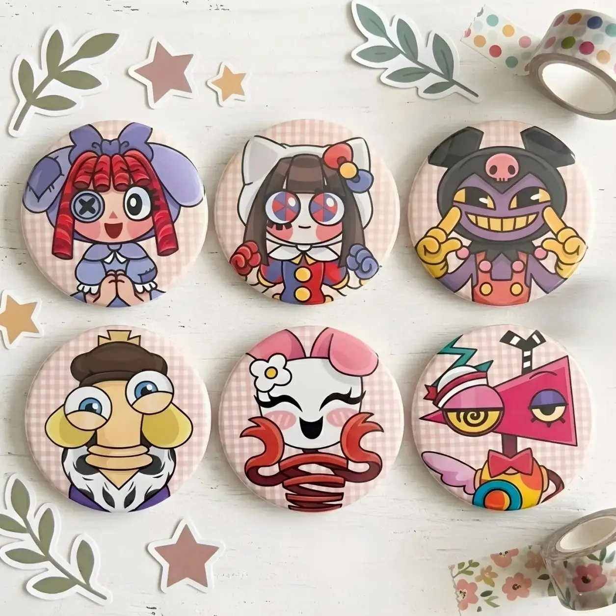 6 Ops The Amazing Digital Circus Sanrio Themed Character Buttons: Holographic Pinback Badges