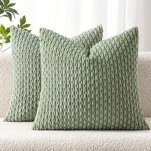 Pack of 2 18x18 Inch Decorative Throw Pillow Covers Soft Boho Striped Textured Corduroy Spring Modern Farmhouse Home Decor for Couch Bed Sofa Living Room Sage Green