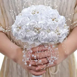 1pc Elegant Handmade Satin Rose Bridal Bouquet with Rhinestones and Pearls - Polyester Artificial Flowers for Wedding, Engagement, Christmas, Halloween, Mother's Day, Graduation - No Container Included, Bridesmaid Gifts