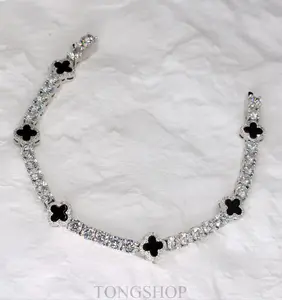 Iced Out Black Four Leaf Clover Tennis Bracelet, VVS Cubic Zirconia Silver Lucky Clover Chain, Unisex Stackable Luxury Jewelry, Hip Hop Streetwear Dainty Bracelets for Men Women, Perfect Birthday Anniversary Gift For Her Him