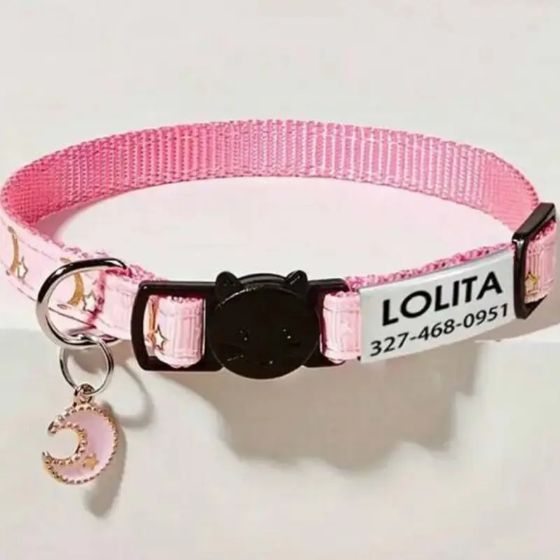 LOLITA Custom Pet Collar Pink with Personalized Name Tag & Moon Charm