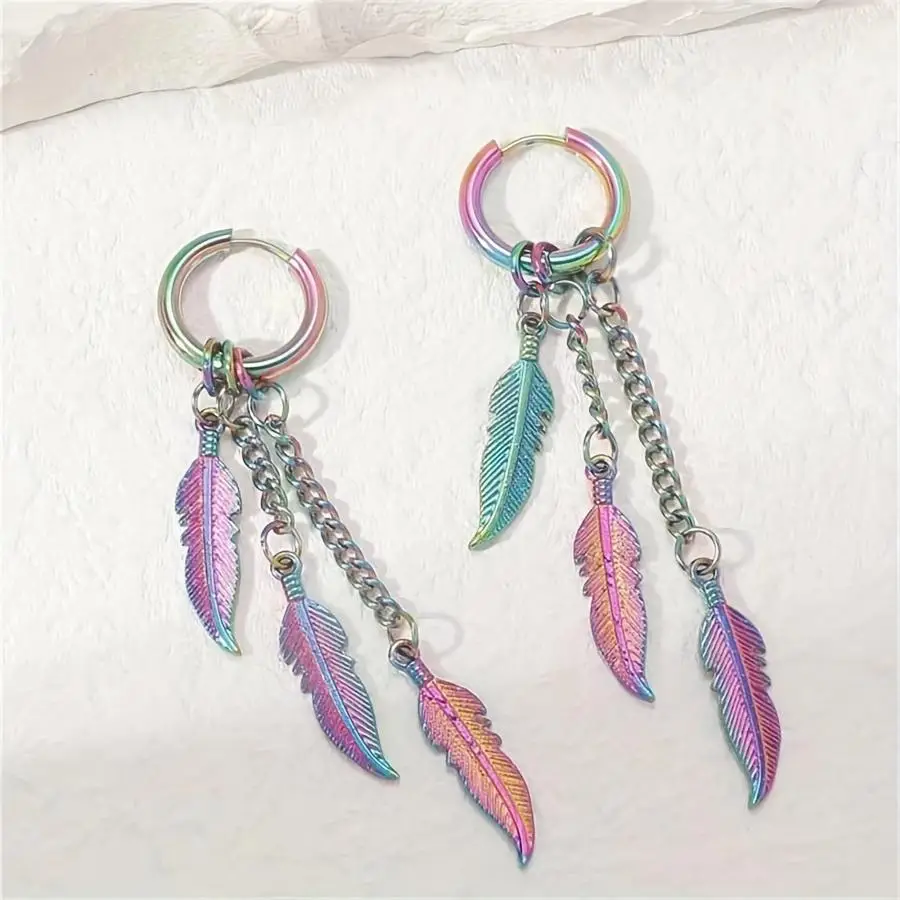 Colorful neutral cool feather earrings, street charm earrings for men and women bikers