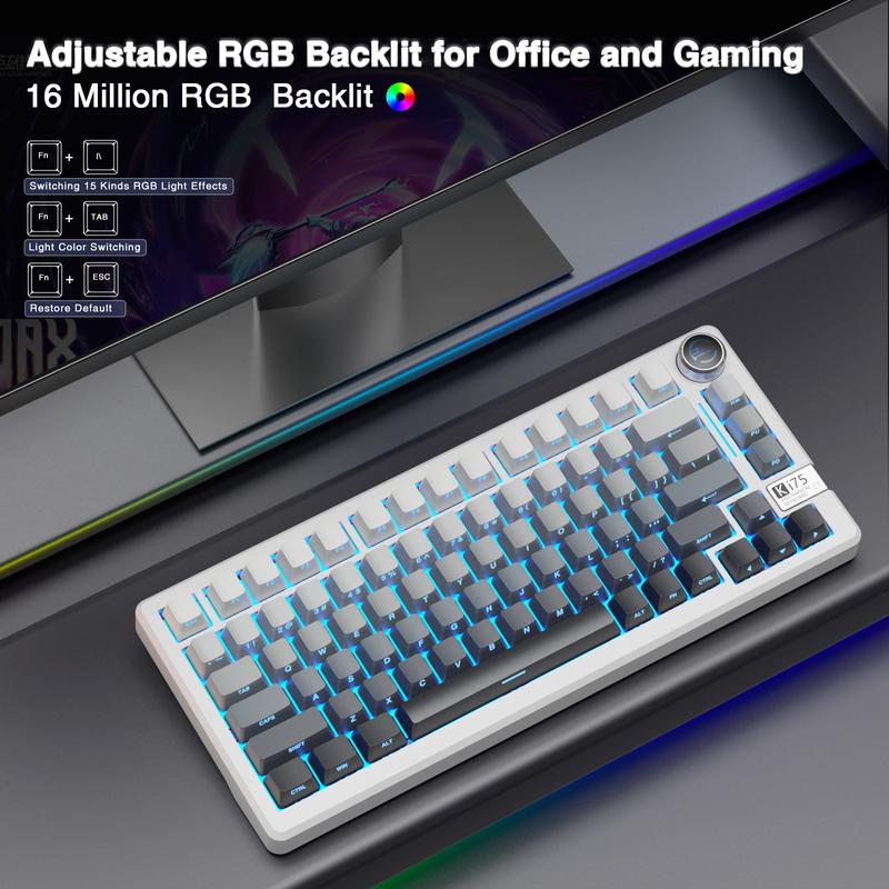 Solakaka Ki75 Aluminum Mechanical Wireless Gaming Keyboard, 75 Percent, Gasket Hot Swappable Switches, Side-Printed RGB Backlit Custom Keyboard with Knob Control , Tri-Mode 2.4GHz/USB-C/BT 5.0 for Office Computer PC Gaming Accessory dealsforyoudays