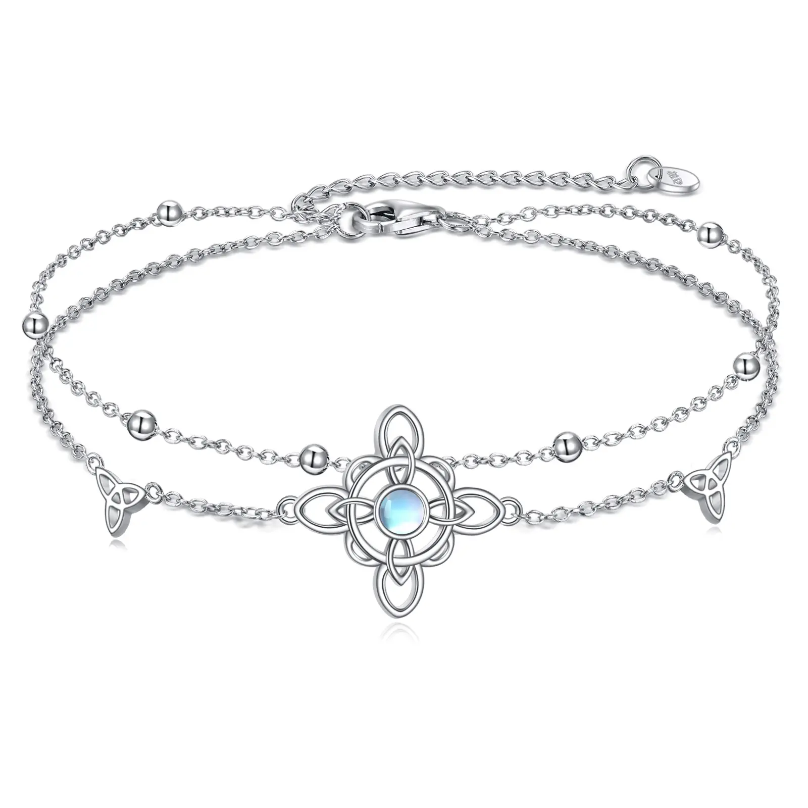 Wiccan Witch's Knot Layered Chain - Sterling Silver Adjustable Bracelet/Anklet with Moonstone, Versatile Mystical Jewelry for Her