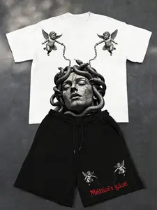 Men's Aesthetic Medusa & Cherub Graphic 2-Piece Set - Oversized White Streetwear T-Shirt and Black Shorts Outfit - Premium Mythology Art Print Summer Co-ord for Urban Style & Festivals