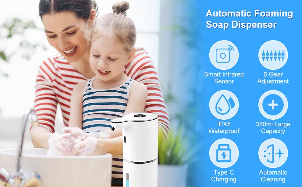 Automatic Soap Dispenser, 12.8oz Touchless Foaming Soap Dispenser, USB Rechargeable, 6 Adjustable Levels, IPX5 Waterproof, Wall Mounted, Smart Soap Dispenser for Home Kitchen Bathroom