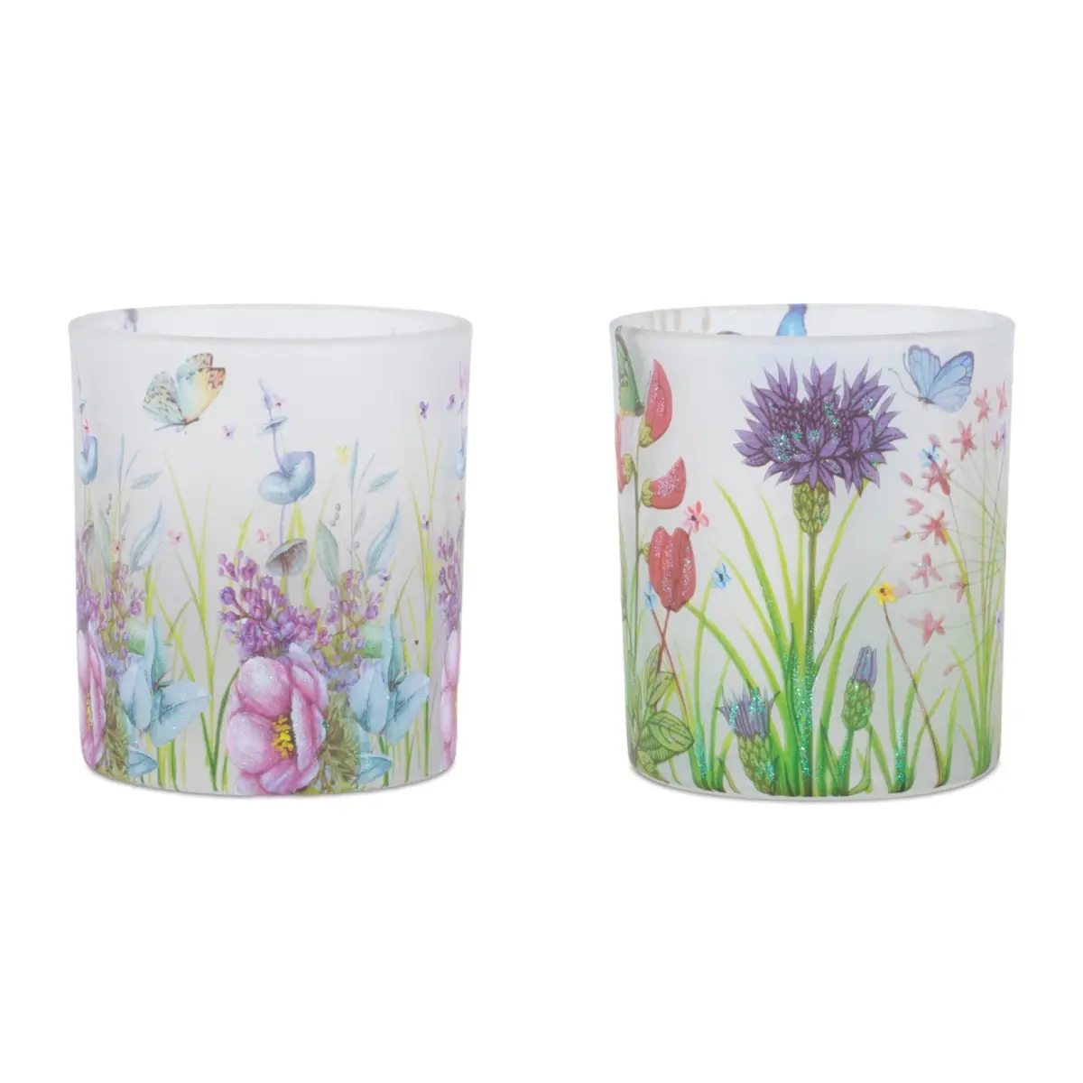 Melrose 96697DS Soft Frosted Finish Butterfly Flowers Glass Votive Tea Light Holder Set of 6, 3 x 3.5 in., Green-Purple-Pink, Nature-Inspired Indoor Home Decor Candle Holder Supplies