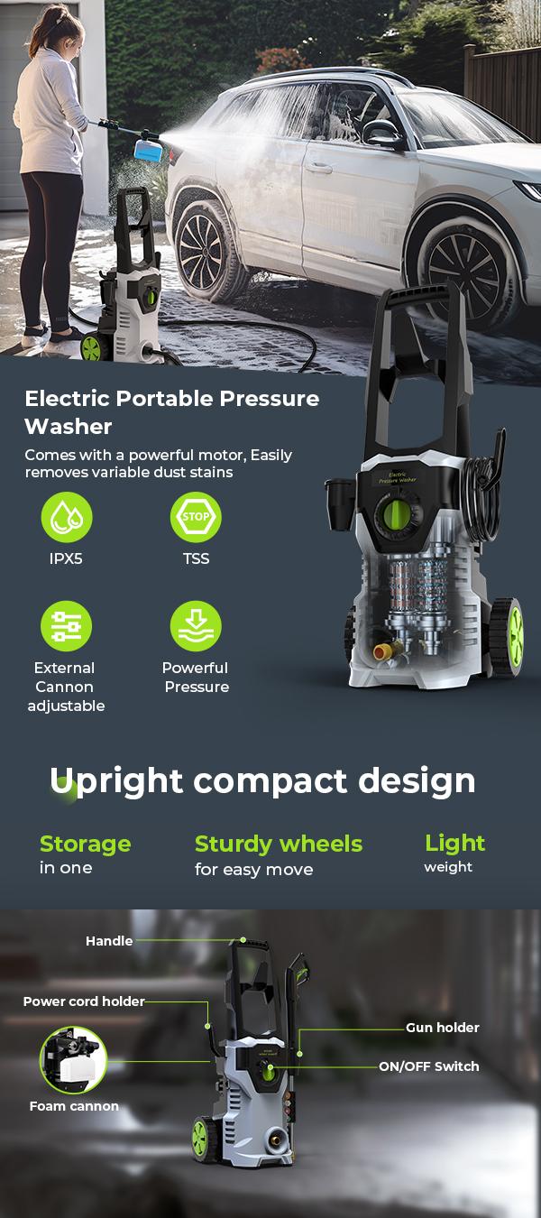 P8 Electric Pressure Washer with Foam Cannon - 1800W High Power, 5 Spray Modes, Portable on Wheels for Home & Outdoor Use