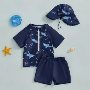 Kids Baby Boys 3Pieces Swimsuits Summer Cute Print Short Sleeve Zipper Rash Guard Top and Swim Trunks and Hat Beachwear 0-5Years
