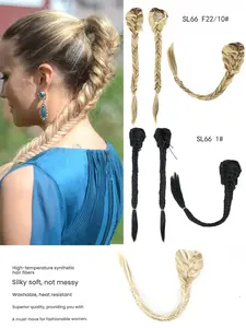 Women's handmade fishtail braided ponytail wig with drawstring mesh, made of synthetic fiber.