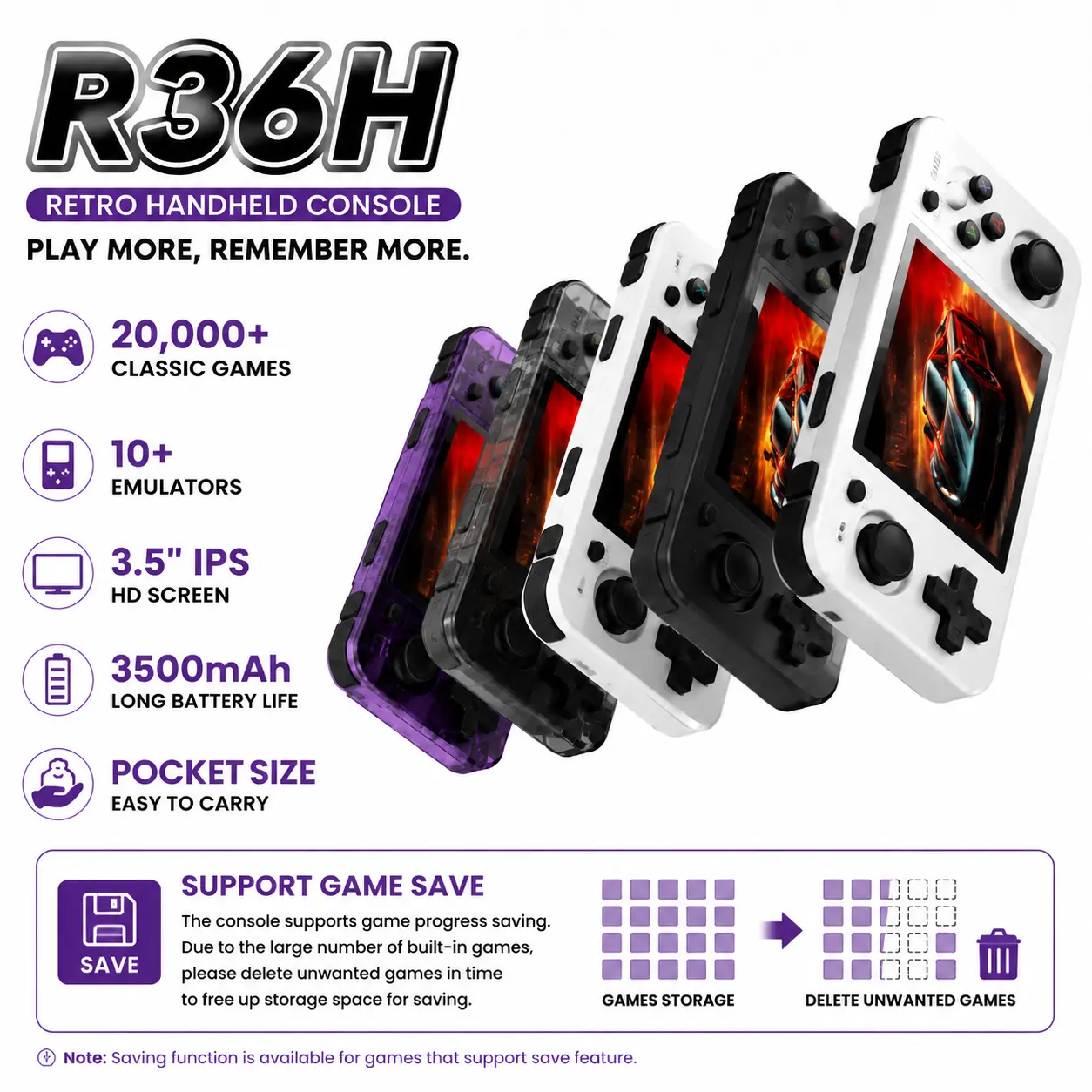 R36H Handheld Retro Gaming Console - 3.5-inch IPS Screen, 64GB/128GB Storage, Built-in 20,000 Games & 10-Emulator Set, Open-Source Linux System, Rechargeable Battery, Compact Retro Look, Portable Pocket-Sized Device with USB Port