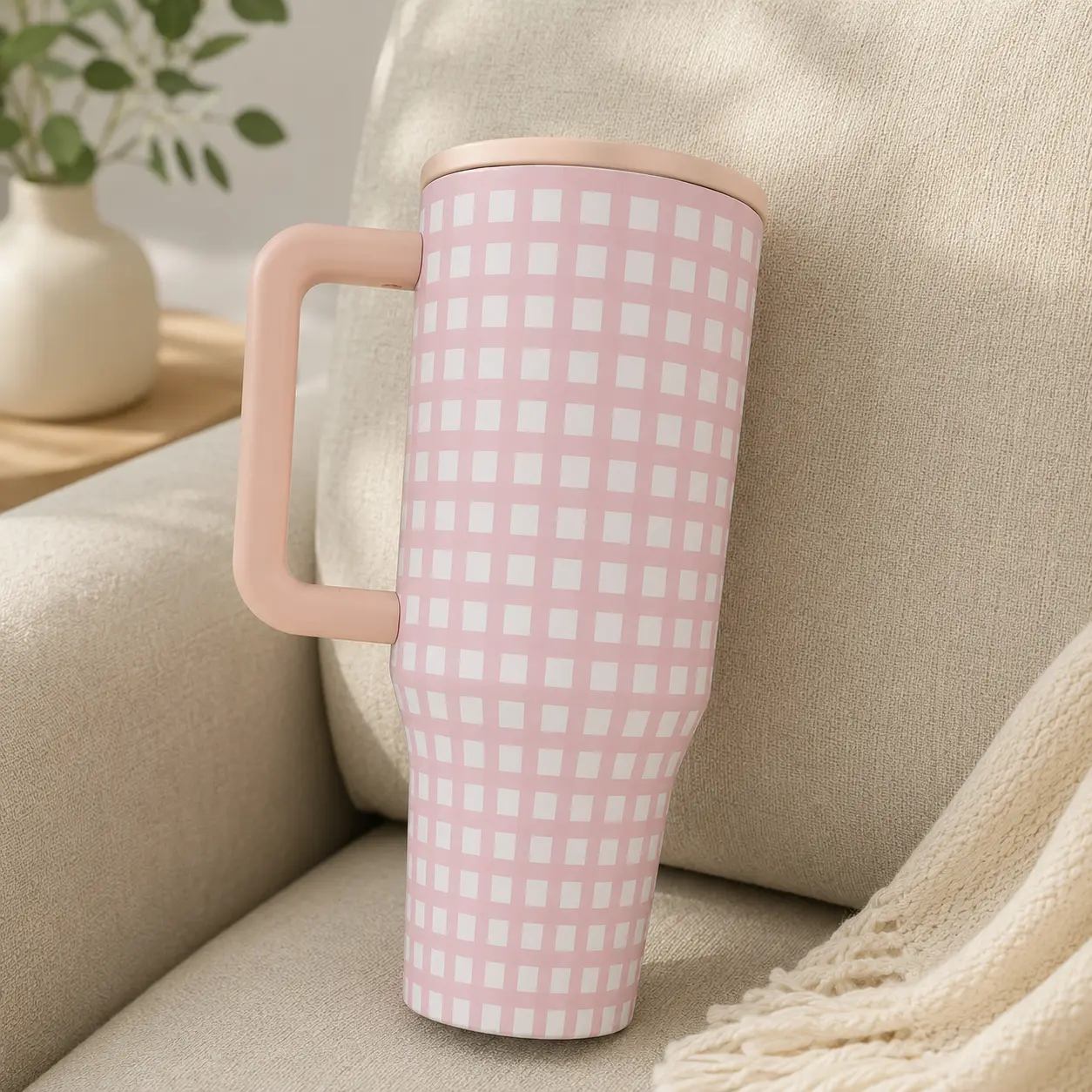 HydroJug Traveler 40oz Tumbler with Handle and Straw, Leak Proof Triple Wall Insulated Stainless Steel Bottle, Pink White Gingham Plaid Mug for Gym