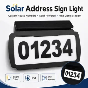 Solar Address Sign Light, Wall Mounted LED House Number Plaque with 3 Light Colors, Waterproof Solar Powered Address Numbers for House, Yard, Garage, Gate, Mailbox