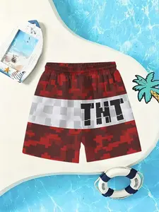 My World Tnt Pixel Beach Shorts, Summer Casual Trendy Short Pants, All Season Fitted Boxers Trunks, All over Print Style, Swimming Shorts, Swimwear Shorts