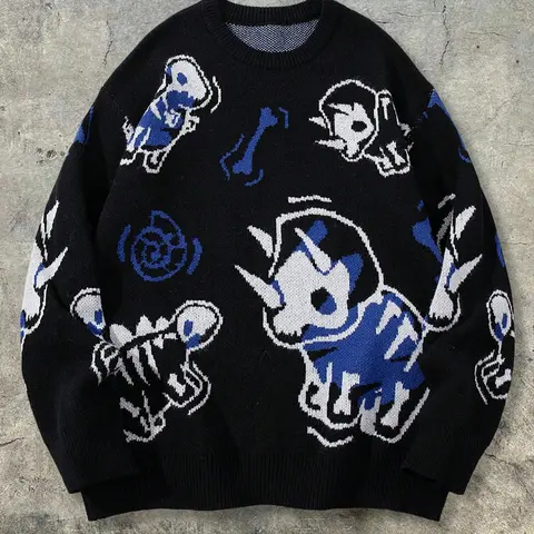 Men's Street Style Dinosaur Print Long Sleeve Round Neck Sweater, Print Sweatshirt, Casual Loose Fit Pullover for Spring & Fall Daily Wear Tops, Menswear, Casual Pullover Sweatshirts, Casual Print Clothes