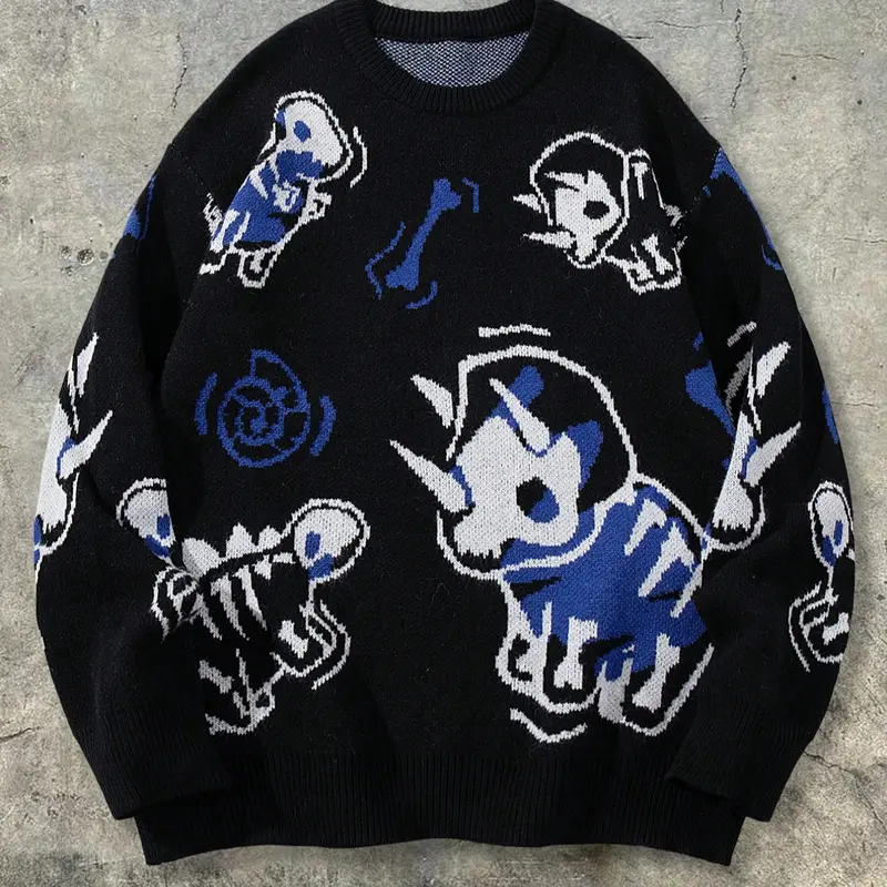 Men's Street Style Dinosaur Print Long Sleeve Round Neck Sweater, Print Sweatshirt, Casual Loose Fit Pullover for Spring & Fall Daily Wear Tops, Menswear, Casual Pullover Sweatshirts, Casual Print Clothes