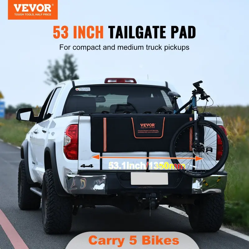 VEVOR 53-in PVC Tailgate Pad for Pickup Truck Beds - 5 Bicycle Fixed Straps, 3-Layer Thick Padding, Reflective Strips, High Toughness, Large-Capacity Storage Bags, Rear-Opening Window Compatible, Hassle-Free Bike & Cargo Transport, Easy Installation