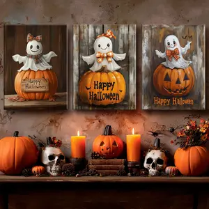 3 Counts Wooden Framed Canvas, Happy Halloween - Themed Posters, Halloween Home Poster, Halloween Party Decorations, Living Room And Bedroom Hanging Paintings, Horror Theme, Interesting Posters, Exquisite Gifts, High-Definition Art
