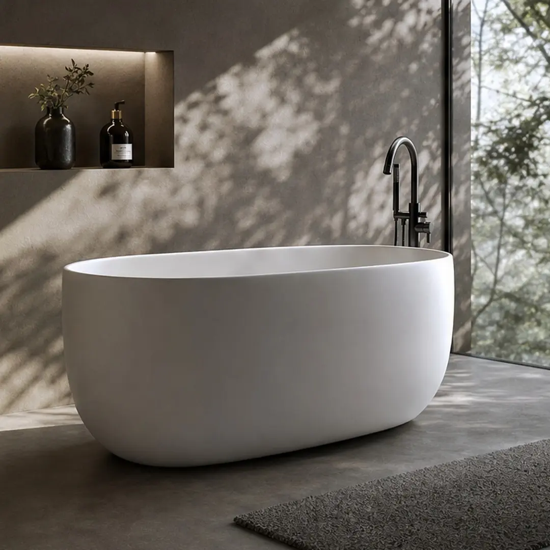 47" Long Freestanding Solid Surface Stone Resin Soaking Tub - Matte White Modern Oval, Center Drain, Overflow Pipe, Ergonomic Deep Design, Complete Drain Kit, Excellent Heat Retention, 25.6" W x19.3" H, 191.8 lb for Small Baths, Low Thermal Conductivity