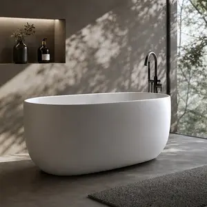 ARCH 47" Freestanding Solid Surface Stone Resin Soaking Bathtub - Matte White Oval Modern Stand-Alone Soaking Baths, Center Pop-Up Drain, Overflow, Ergonomic Deep Design for Small Bathrooms, 25.6"W x 19.3"H