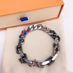 Multicolor Enamel Rhinestone Cuban Bracelet, 21×1cm Unisex Hip Hop Chunky Chain Jewelry with Gift Box