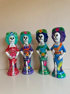 Clay Catrina Colorful 2 or 4 Set - Decorative Figurine with Unique Designs and Colorful Outfits