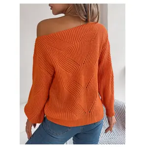 Women's casual off-the-shoulder sweater, loose long-sleeved pullover, crochet hollow knit pullover top, one-shoulder off-the-shoulder lantern sleeve sweater