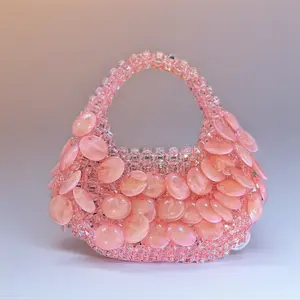 Vintage Barbie Pink Handmade Beaded Pearl Natural Large Shell Bucket Bag Crescent Bag Handbag for Women 2026