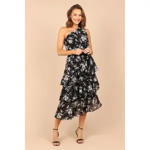 Brigette One Shoulder Tiered Midi Dress - Black Floral