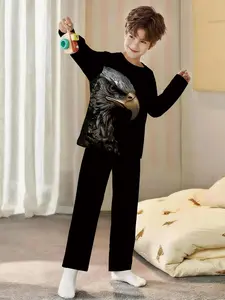 Sky Eagle! 2-piece boys' digital printed long-sleeve pajamas and long pants set in black background with a bold realistic style, made of flame-retardant fabric. A fashionable, trendy, casual, comfortable and soft pajama set, suitable for sleeping and home