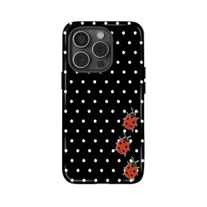 for iPhone 13.Black & White Polka Dot Phone Case With Red Ladybug, Retro Minimalist Y2K Soft Girl Style, Suitable For IPhone 17 Pro Max, 16e, 15 Pro, 14 Plus, 13, 12, 11 Pro Max