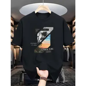 Oversized Summer Vibe Palm Tree Sunset Geometric Z Graphic Men's T-Shirt | Streetwear Tropical Vacation Beach Casual Summer Fashion Graphic Tee