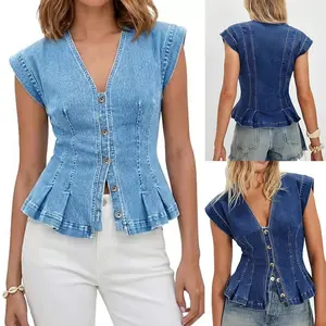 Woman's V-neck Cinched Waist Peplum Denim Top Vintage Washed Breathable Wear-resistant Button Down Cap Sleeve Slim Body Shaping Hide Fat Light Blue Dark Blue Versatile Summer Casual Street Dating American Style Sleeveless Casual Top