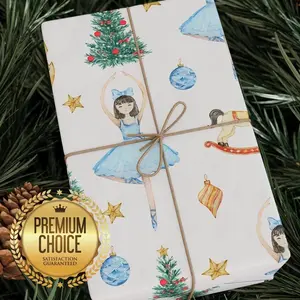 Ballet-Themed Christmas Wrapping Paper with Ballerinas, Holiday Trees, and Ornaments, The Nutcracker Ballet Gift Wrap for Christmas Presents