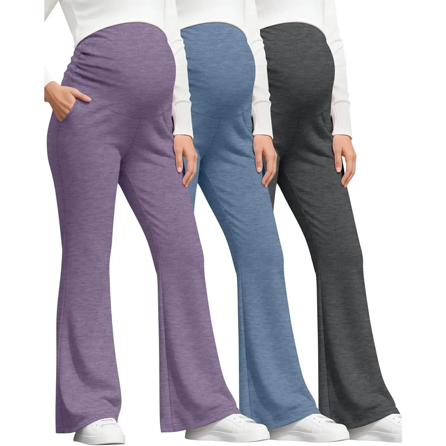 Maternity Pants for Women 3-Pack, Casual Bootcut Pregnancy Sweatpants with Over The Belly Support and Pockets
