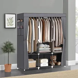 Portable Closet, Wardrobe Closet with 3 Hanging Rods and 6 Storage Shelves and 4 Side Pockets, Gray Portable Closets for Hanging Clothes Easy to Assemble and Strong and Stable