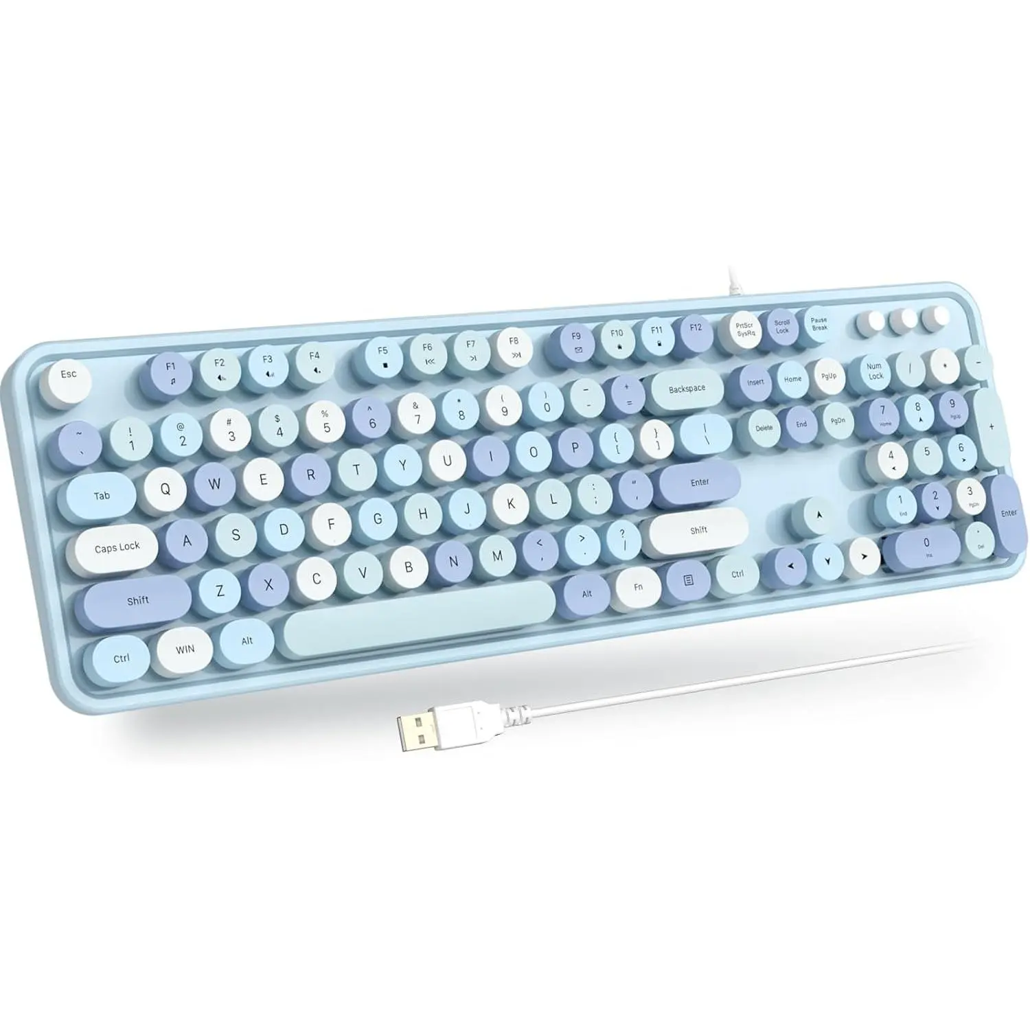 USB Wired  Keyboard - Retro Typewriter Keyboard - Full Size Office Keyboard with Number Pad, Caps Indicators, Foldable Stands, for PC Laptop Desktop Windows (Blue Colorful)